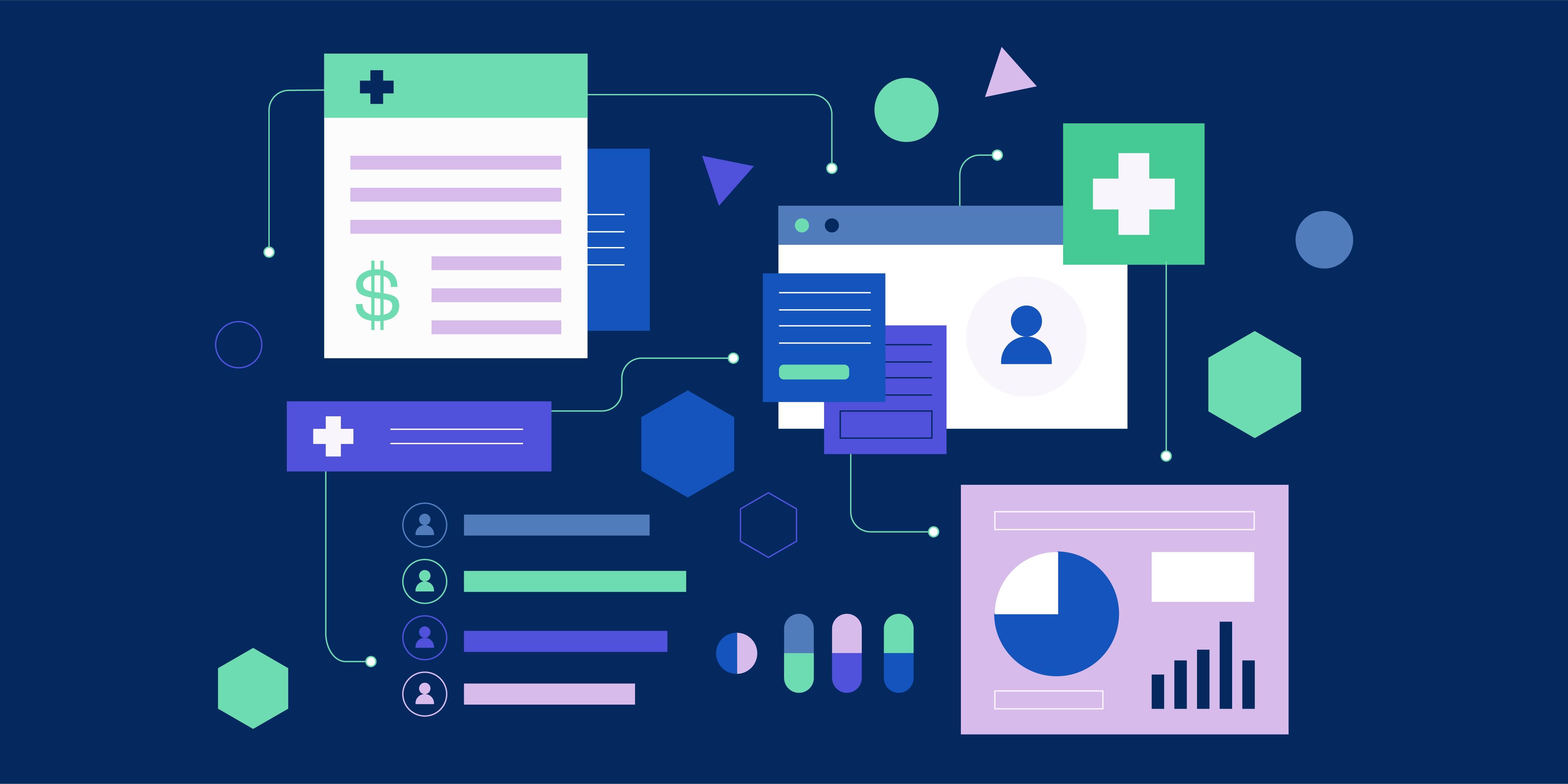 illustration of patient charts, billing, medications and the interconnections between them illustration of patient charts, billing, medications and the interconnections between them